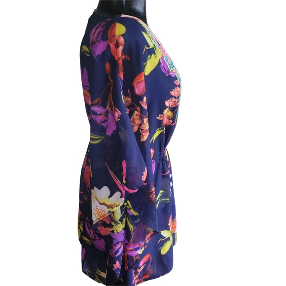 Lucky & Coco Blue Floral Print Beaded V Neck Kaftan Style Beach Cover Up - Picture 4 of 7